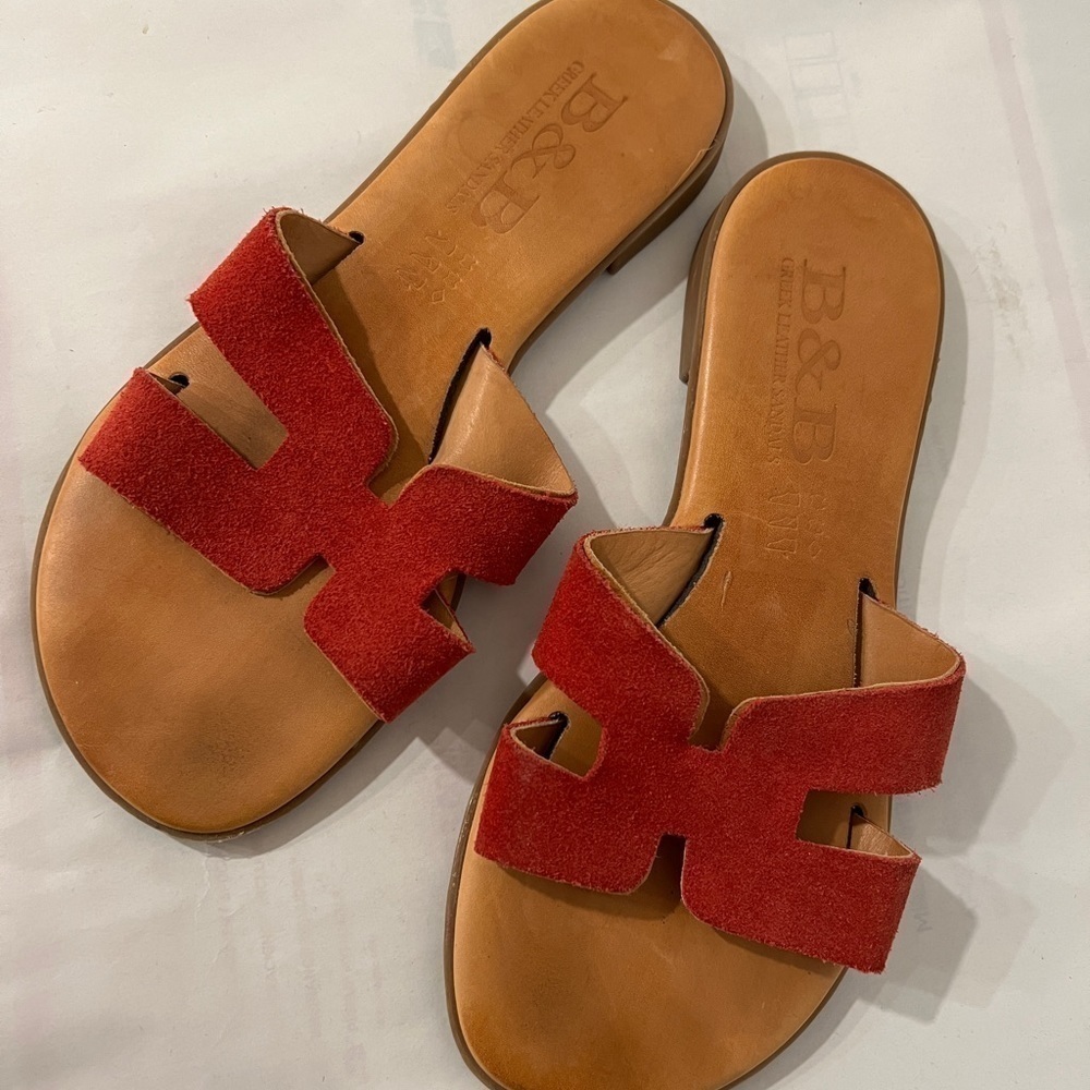 B& B red suede leather slide sandals